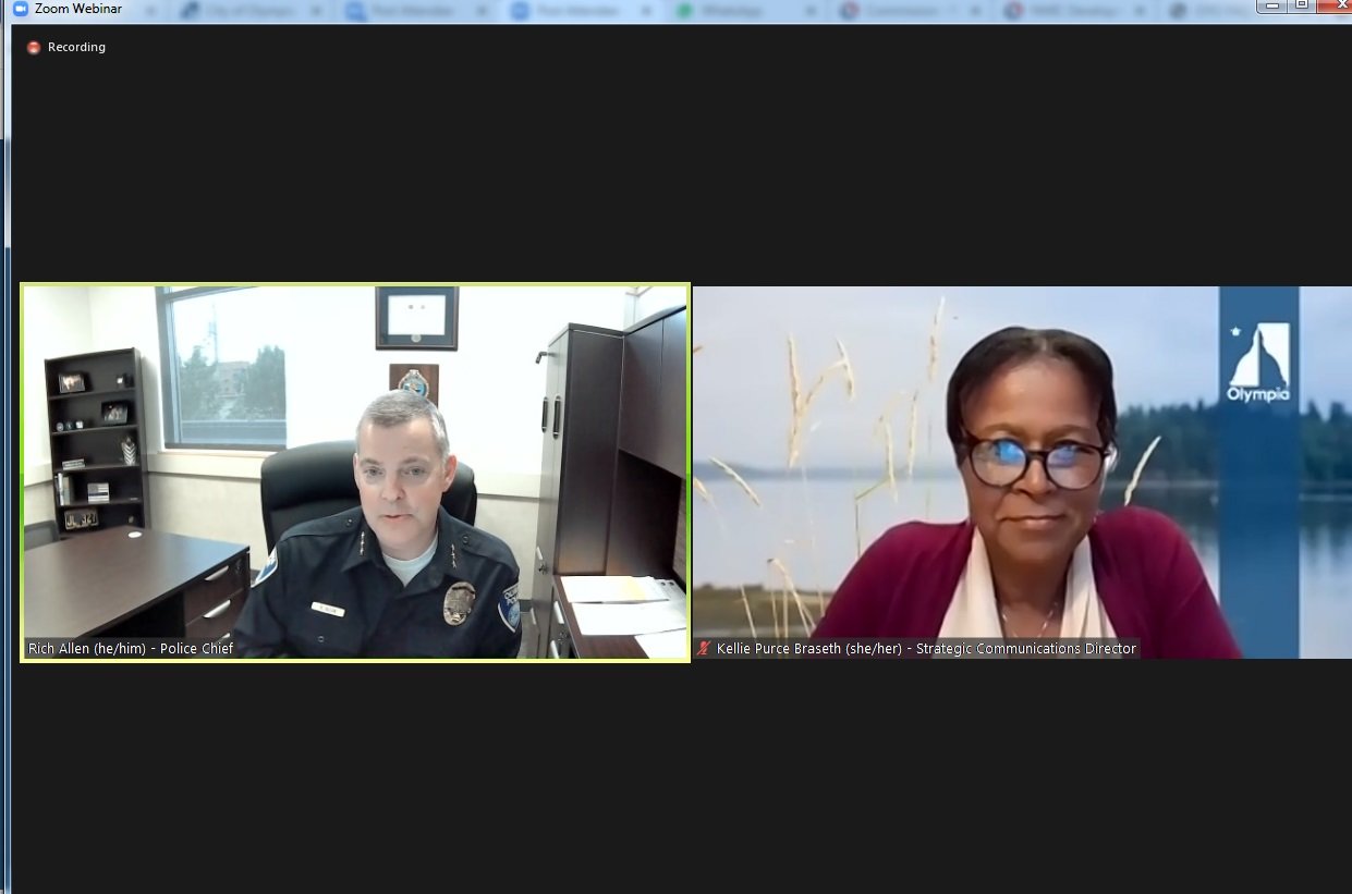 Olympia Police Department Chief Rich Allen responded to questions from community members at the virtual Town Hall meeting on June 28, 2022. Kellie Purce Braseth, Strategic Communications director, acted as moderator in the public forum. 